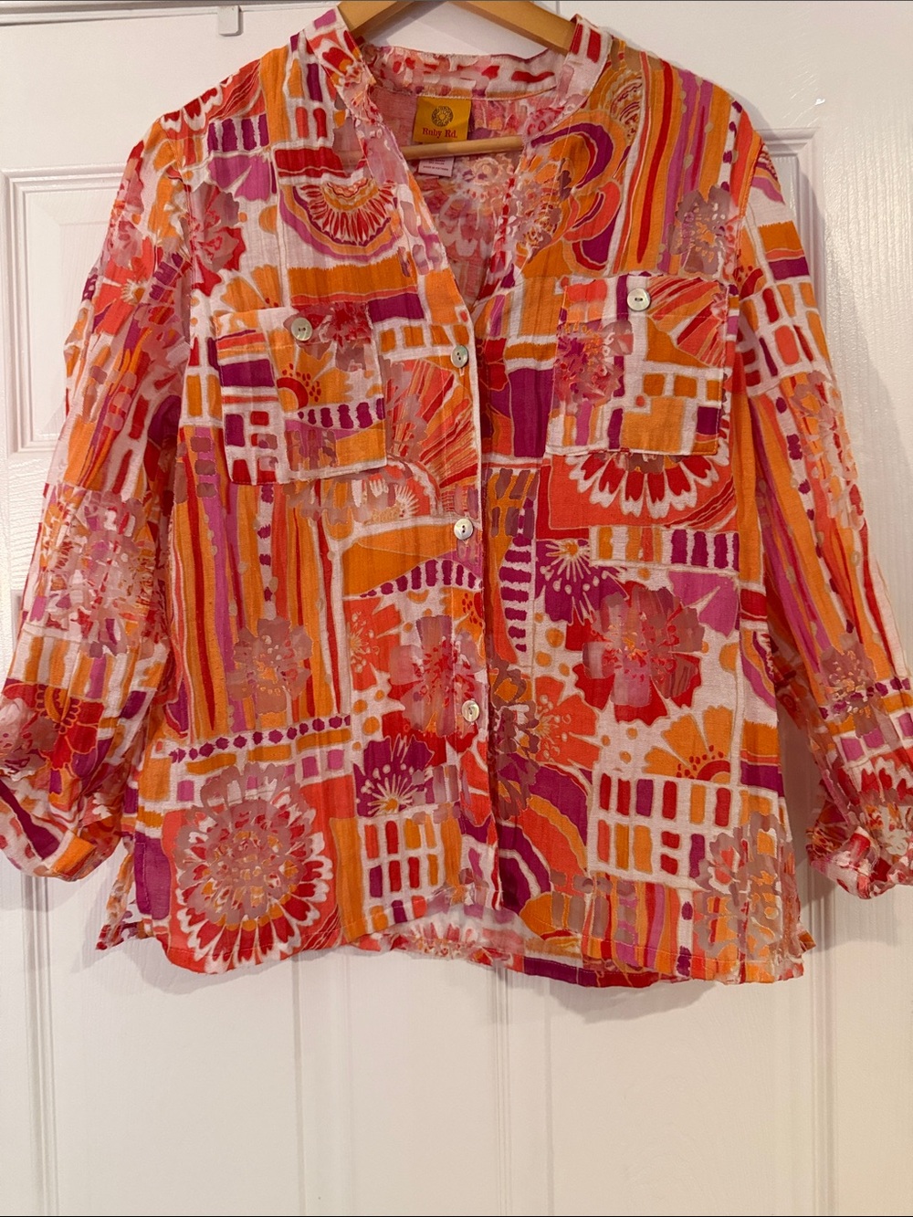Ruby Rd. Vibrant Orange & Pink Patterned Button-Up Blouse - Picture 8 of 9